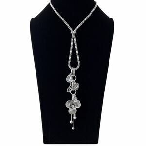 Silver-Toned Lariat Necklace and Floral Drop Pendant Boho Chunky